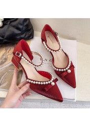 Rimocy 2022 Summer Pearl Pumps Women Pointed Toe Ankle Strap High Heels Shoes Woman Med Heel Elegant Bowknot Dress Shoes Ladies