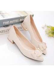 2022 new women's single shoes real soft leather spring and autumn mid heel shallow mouth pointy soft leather mother shoes