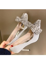 Rimocy 2022 Luxury Silver Crystal Bowknot Women Pumps Sexy Stiletto Heel Wedding Party Shoes Woman Pointed Toe Thin High Heels