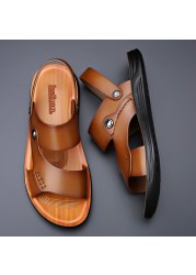 2022 summer new fashion men shoes vintage genuine leather non-slip beach slip-on sandals travel flip-flops black brown