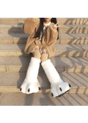 Women Creative Cute Plush Bear Paw White Long Tube Cotton Shoes Couple Indoor Winter Home Warm Cartoon Non-slip Fuzzy Slippers