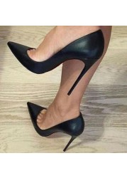 Classic Matte Black 12cm High Heel Shoes Woman Pumps Tacones Pointed Toe Stilettos Sexy Wedding Shoes qkob002 ROVICIYA