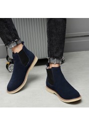 Chelsea Mens Boots 2021 Winter Fur Warm Ankle Blue Slip On Boots High Quality Genuine Leather Man Leisure Boots Male Botas