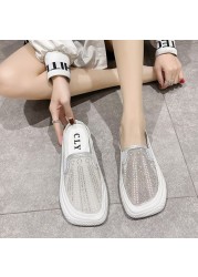 Rimocy Crystal Breathable Mesh Mules Shoes Women Summer Comfort Soft Bottom Platform Shoes Woman Square Toe Non-slip Beach Shoe