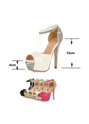 REAVE CAT-Women's High Heel Wedding Shoes, 13cm Stiletto Heeled Platform Buckle Shoes, Silver Color, Size 34-43