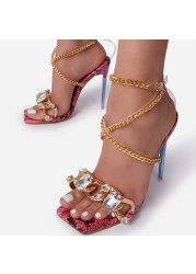 Summer new high-heeled girl spice hot rhinestone slippers thin Korean version large transparent strap metal chain buckle sandals