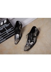 Trendy Silver Black Printing Leather Wedding Shoes Men Business Leisure Party Dress Shoes Men Metal Luxury Pointed Toe Shoes