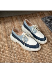 Meotina - Women's Genuine Leather Flat Shoes, Round Toe Casual Shoes, With Cross Laces, Spring 2021