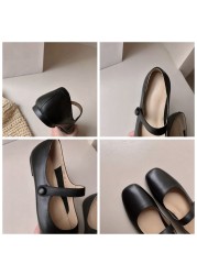 REAVE CAT 2022 Genuine Leather Comfort Plus Ladies Flats Mary Janes Buckle Strap Round Toe Square Heel 1cm US9 Black Beige A4283