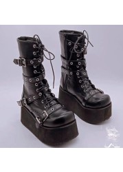 Plus Size 43 Autumn Women Boots Buckle Round Toe Wedges Platform Boots Punk Goth INS Women Street Shoes Combat Boots For Women