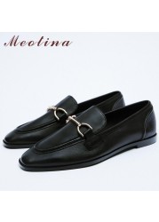 Meotina INS ZA Women Loafers Shoes Genuine Leather Flat Shoes Round Toe Metal Beading Women's Shoes Spring Autumn Brown 43