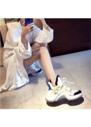 Fashion Mixed Colors Dad Shoes Real Leather Round Toe Lace-up High Top Casual Shoes Woman Height Increasing Lady Shoes