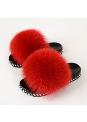 Fur Slippers Women Real Fox Fur Slides Fluffy Home Slippers Luxury Flip Flop with Fur Ladies Platform Sandals Summer Shoes Women