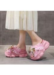 Lucifer 2022 Crystal Wedges Summer Women Lace Bow Slippers With Bow Wide Slide Sandals Thick Bottom Non-slip Female Sandals