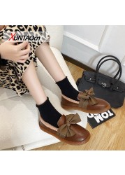 Fashion woman flat shoes ladies quality leather shoes loafers women slip on flats lady solid butterfly knot shoes