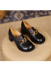 2022 New Women's Pumps Natural Leather Plus Size 22-25cm Cowhide Upper Full Leather Metal Chain Loafers Shoes Lazy Shoes