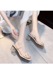 Fashion Crystal Pearl Heels 2021 Women's Sandals Lace Ruffles Beaded High Heels Open Toe Fantasy Women Slippers