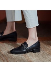 Women Pumps Natural Leather Shoes Plus Size 22-25cm Full Leather Round Toe Classic Metal Loafers Women Platform Heels