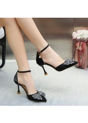 JMPRS Sexy Stiletto Heels Ankle Strap Pumps Woman Shining Rhinestone Bowknot Wedding Shoes for Women Silk Satin High Heels Shoes