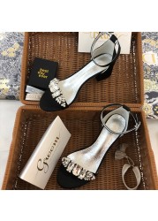 Women Sandals Rhinestones Sparkly Wedding Shoes Satin Daily Work High Heels Ankle Strap Black Sandalias Summer