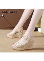 Women Sandals New Summer Fashion Lace Hollow Gladiator Wedges Shoes Woman Slides Peep Toe Hook & Loop Solid Lady Casual