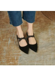 2021 Autumn Women Shoes Sheep Suede Pointed Toe Chunky Heel Women Pumps Shoes Ladies Concise Mary Janes Bow High Heel Shoes