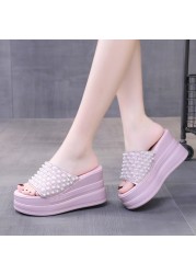 Rimocy 2022 Platform Wedge Sandals Women Summer Shoes Ultra High Heels Pearl Wedge Sandals Women Open Toe Platform Wedge Sandals