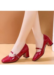 Lucifer Mary Janes Patent Leather Women Shoes Crystal Buckle 2022 Solid Color Chunky Heel Women Shoes Black Red