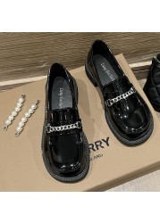 Lucifer Pearl Chain Platform Loafers Women 2022 Round Toe Slip On Pu Leather Shoes Woman Black Med Heels Student Shoes Female