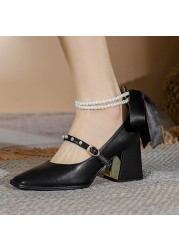 Lucifer Pearl Women Ankle Strap Mary Jane 2022 Elegant Chunky Heel Party Wedding Shoes Female Square Toe Pumps