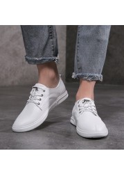 Men Sneakers Genuine Leather Men Casual Shoes Slip-on Breathable Soft Summer Flats Shoes Simple Style Fashion White Shoes