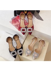 Rimocy Luxury Crystal Buckle Pumps Women 2022 Spring Ankle Strap High Heels Shoes Woman Satin Pointed Toe Thin Heel Party Shoes