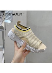 Women's sandals peep toe hollow air mesh thick bottom solid wedges female summer shoes causal fashion slip on women's shoes