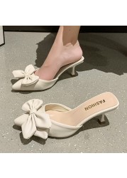 Lucyever Fashion Big Bowknot Women's Slippers 2022 Summer Pointed Toe Low Heels Mules Shoes Woman Green Thin Heeled Slides Mujer