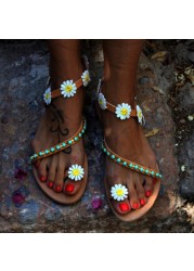 Summer Women Shoes Flat Heels Gladiator Sandals Fashion Female Comfortable Sweet Floral Boho Beach Sandals Plus Size 35-44