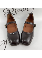 Rimocy Vintage Brown Low Heel Mary Jane Shoes for Women Spring Autumn Patent Leather Shoes Woman Square Toe Buckle Strap Pumps