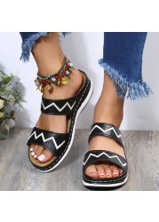 Rimocy Summer Outdoor Platform Beach Slippers Women PU Leather Striped Wedges Sandals Woman Fashion Thick Sole Non-slip Slides