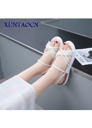 Slippers Women Summer Flat Shoes Female String Bead Pantofle Lady Slides Fashion Low 2022 Girl Luxury Fabric Rubber Rome Hoof He