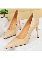 BIGTREE Patent Leather Shoes Woman Pumps 2022 Designer Shoes New Weave Style Fine High Heels Stiletto Heeled Shoes Party Shoes