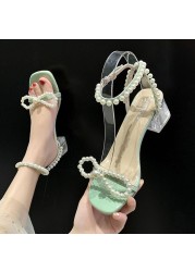 Rimocy Pearl Ankle Strap Clear Heels Sandals Women 2022 Summer Transparent PVC Sandalias Mujer Open Toe Square Heels Party Shoes