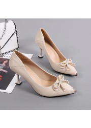 Rimocy Sexy Pointed Toe Shallow Stiletto Heel Pumps Women Fashion Pearl Bowknot High Heel Dress Party Shoes Woman Zapatos Mujer