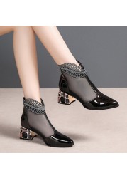 2021 spring summer new chunky heels patent leather pumps women hollow-out plus size shoes rhinestone mesh closed toe sandals