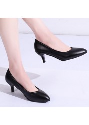 Lucifer 2022 Spring Black PU Leather Women Shoes Pointed Toe Slip On Office Women Shoes High Heels Shallow Mouth