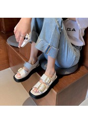 Metal buckle decoration split leather slip on women sandals flat platform fashion women's shoes summer sandals black beige