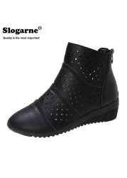 Women's hollow ankle boots female spring shoes 4.5cm medium heel wedges soft leather invisible height increasing short boots