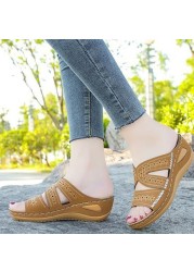 2022 Summer Women's Wedge Sandals Open Toe Retro Leather Sandals Casual Women's Shoes Thick Sole Retro