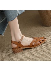 Real Leather Weave Gladiator Women Sandals Square Heels Buckle Strap Sandals for Women 2022 Hollow Out Summer Ladies Footwear