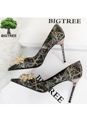 BIGTREE Pearl Floral Shoes Woman Pumps Rhinestone High Heels 2022 New Luxury Women's Heels Stiletto Plus Size Ladies Pumps