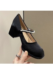 Lucifer Elegant Women Ankle Strap Shoes 2022 Spring Silk Thick Heel Round Toe Party Wedding Shoes