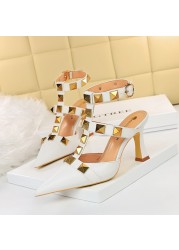 2022 new high heels women pointed thin high heels sexy nightclub banquet with metal rivets wild women's summer sandals